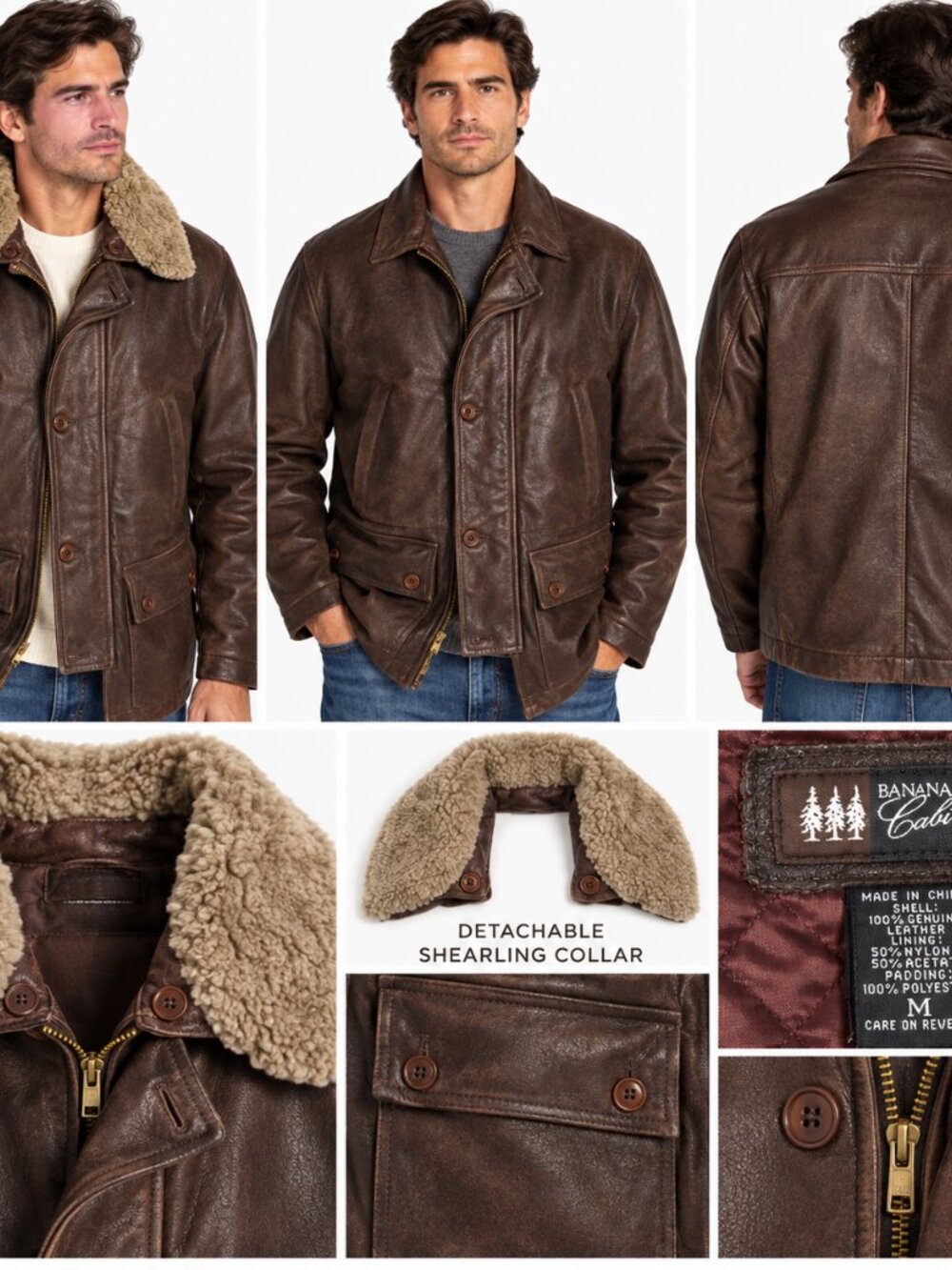 Banana Republic M Brown Leather Shearling Collar Rancher Jacket Western Heritage